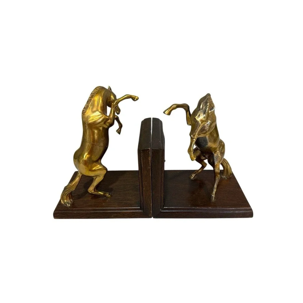 VTG PAIR BRASS REARING HORSE STALLION BOOKENDS‎ FIGURINE SCULPTURE